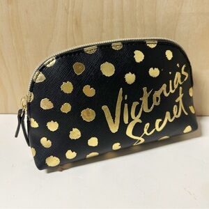 Victoria's Secret Signature Cosmetic Makeup Bag Gold Polka Dots NWOT